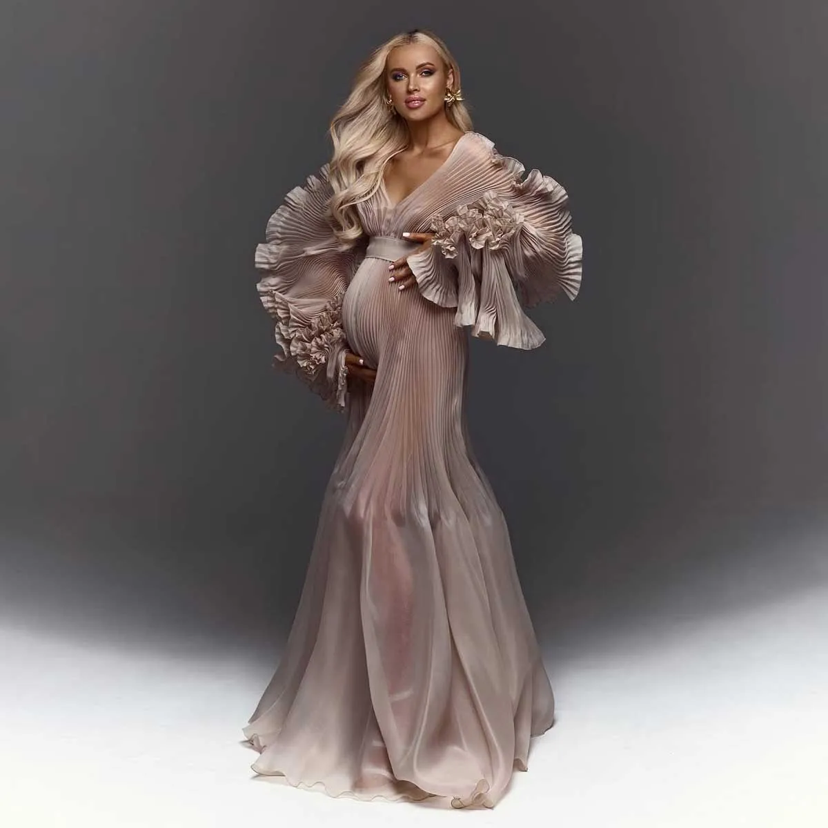 

Hot Sale Pleated Organza Maternity Dresses Photoshoot V Neck Puff Sleeves Maternity Dress платье для беременных Sheer Custom