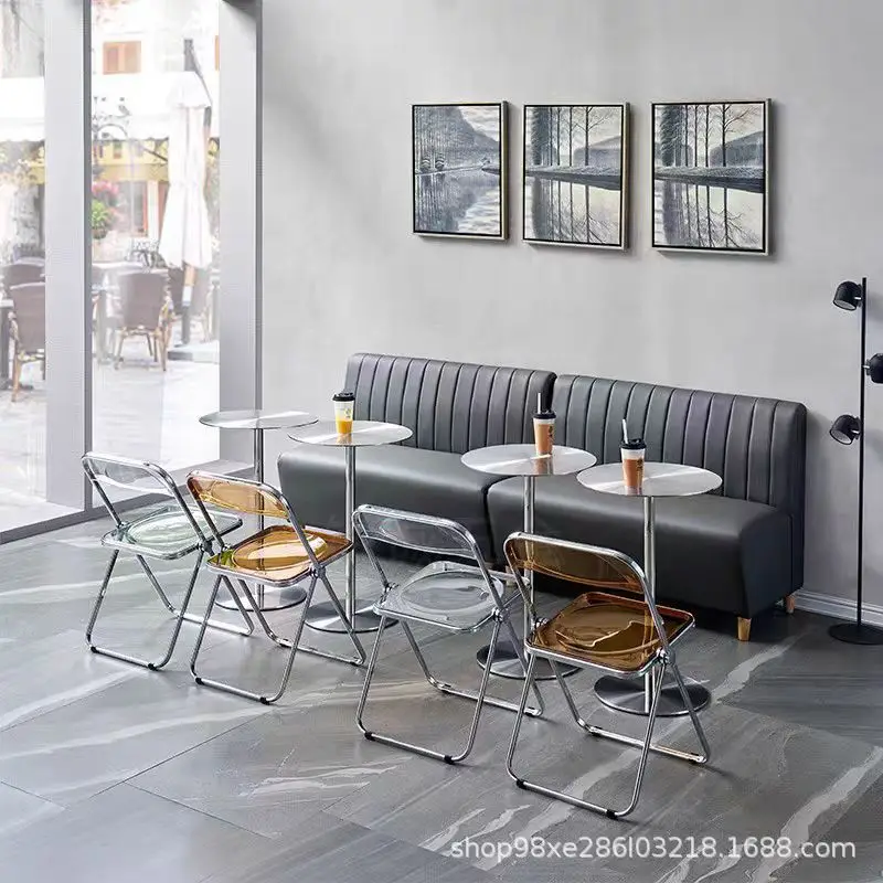 Industrial Coffee Shop Table and Chair Set Stainless Steel Transparent Folding Chair Milk Tea Dessert Bakery Furniture