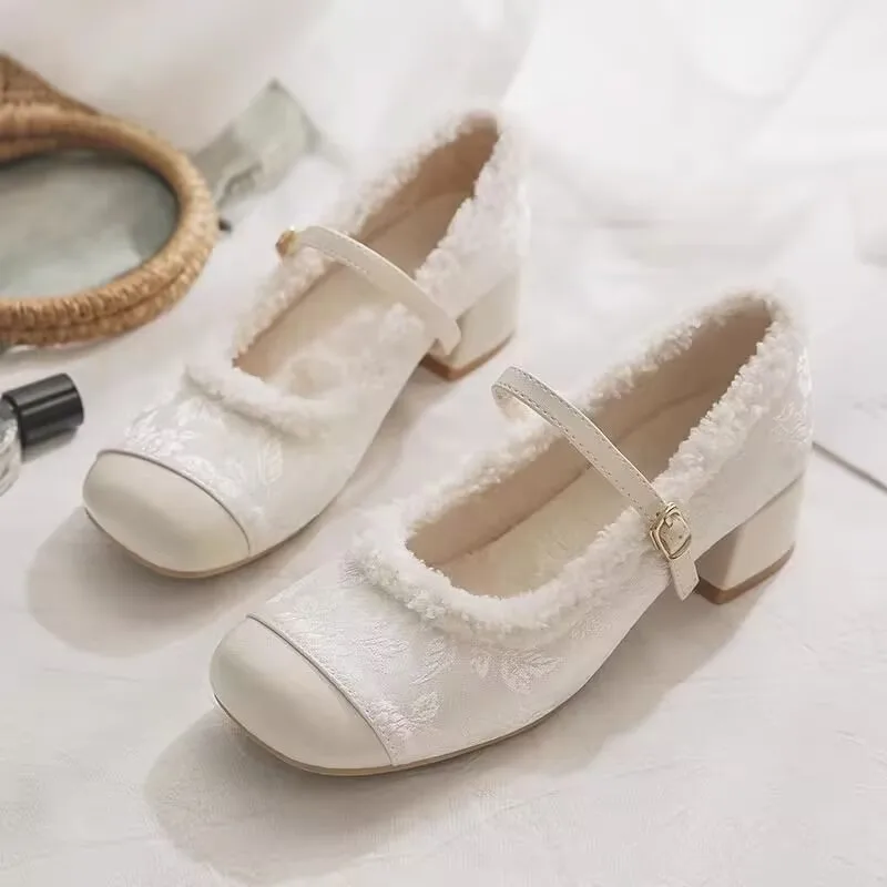 Zapatos de invierno para mujer, zapatos de lujo, elegantes, cálidos, informales, a la moda, con cuña peluda, tacón medio, color Beige, zapatos Mary Jane para mujer