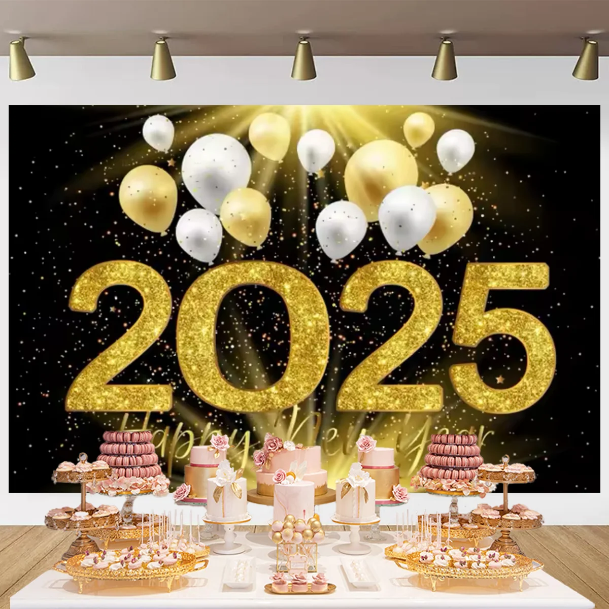 2025 Happy New Year Eve Theme Family Gathering Party Background Fireworks Champagne Golden Balloon Banner Decoration Background