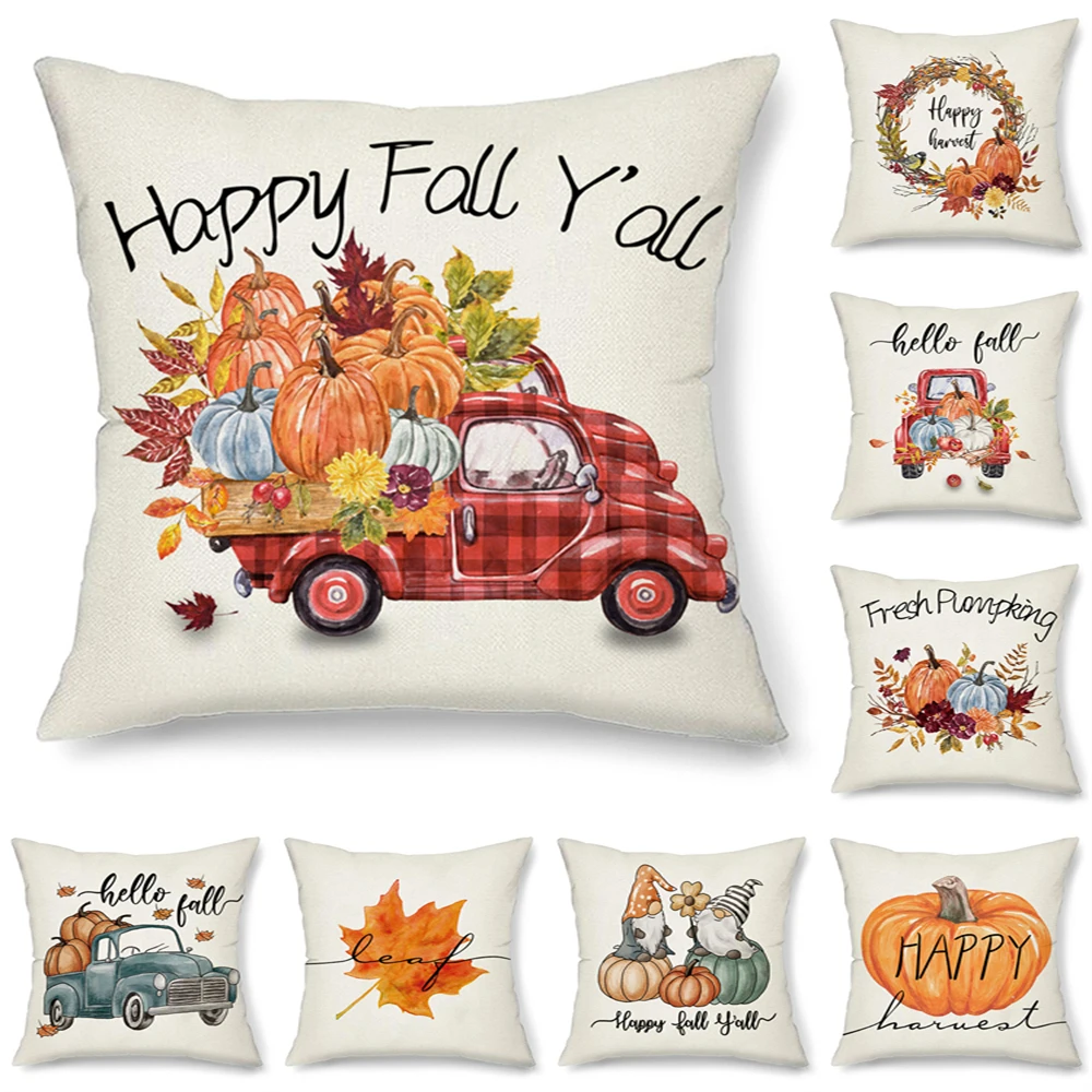 

Pumpkin Truck Pillow Case Maple Leaf Food Dwarf Thanksgiving Cushion Cover Living Room Bedroom Autumn Harvest Home Pillow Case