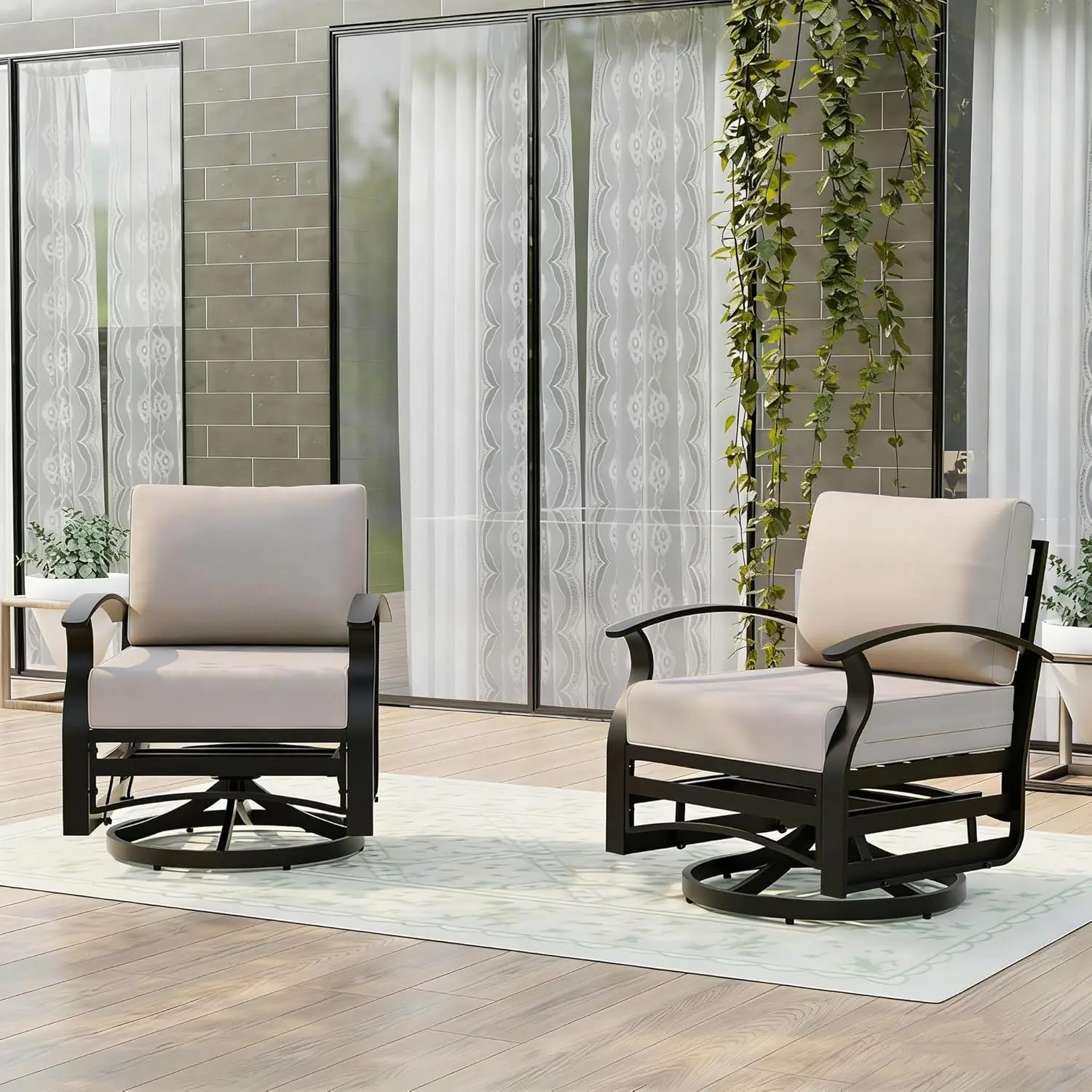 2 Piece Metal Outdoor Swivel Chairs Set with Removable 5.1’’ Seat and 6.2’’ Back Cushions, Khaki, for Backyard, Lawn, Porch