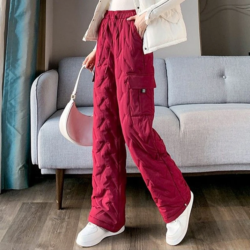 Women Thicken Warm Down Cotton Trousers Winter Outerwear Work Cargo Pants Snow Wear Bloomer Windproof Quilted Harem Pants