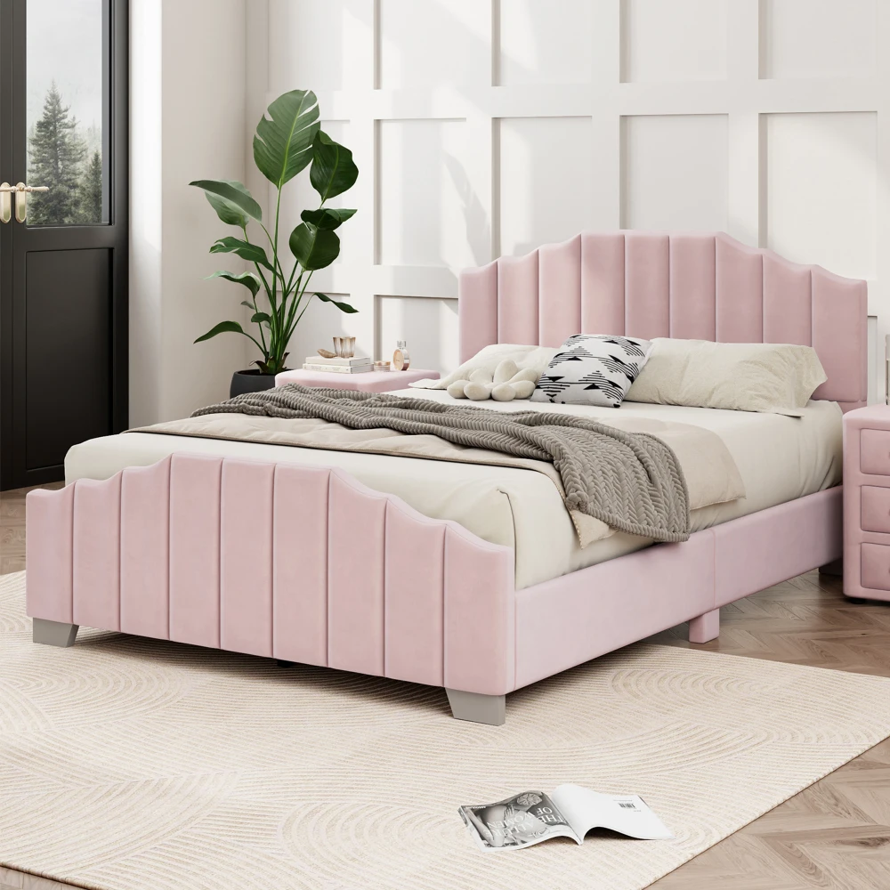 

Full Size Velvet Upholstered Platform Bed Vertical Channel Tufted Headboard and Footboard, No Box Spring Needed, Pink Frames