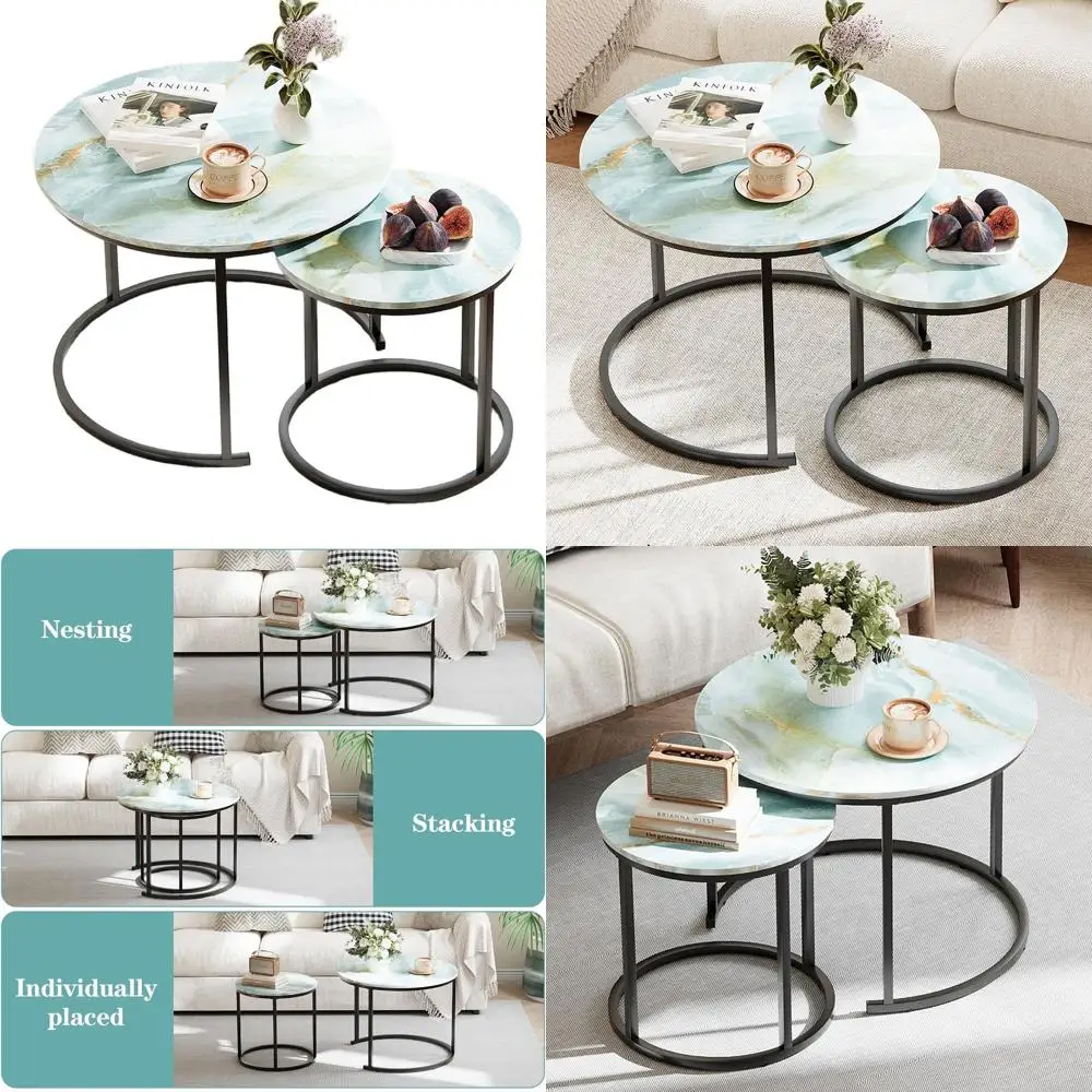 

Blue Wooden Nesting Coffee Tables Set of 2 with Metal Frame for Living Room, Bedroom, and Balcony