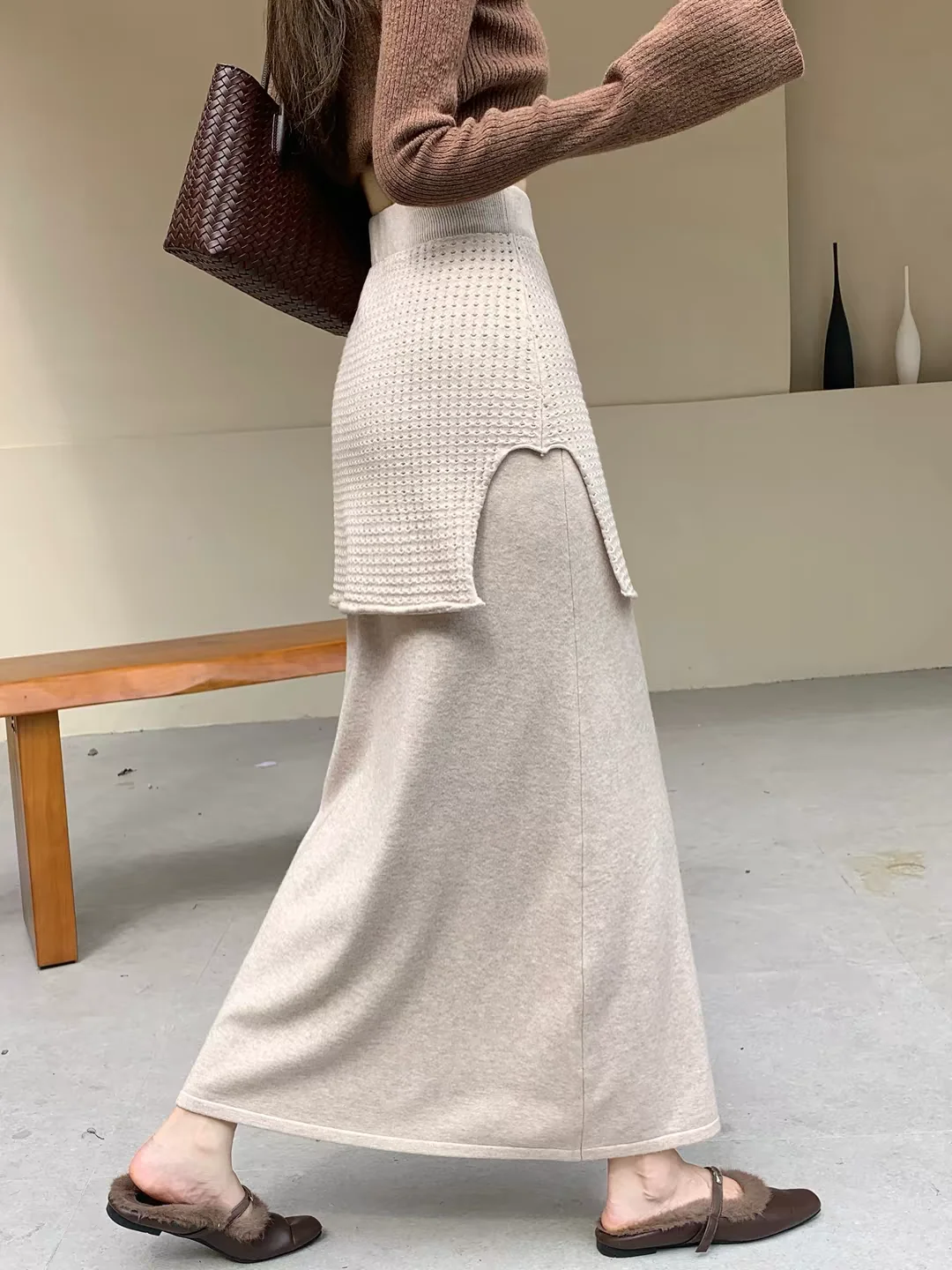 Women's Bodycon Pencil Skirt Fall Winter 2026 Faux Two-Piece Knit High Waist Elegant Chic Slimming A-Line Skirt for Daily Wear