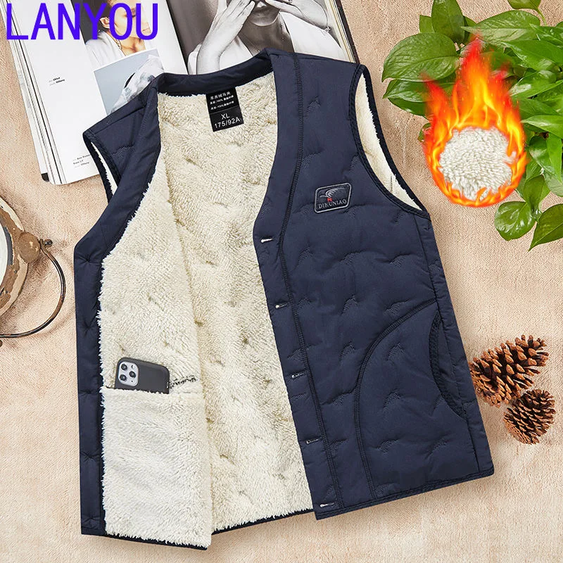 

2024 Autumn and Winter New Fashion Solid Color Waterproof Lamb Wool Vest Men's Casual Loose Large Size Thick Warm Coat L-5XL