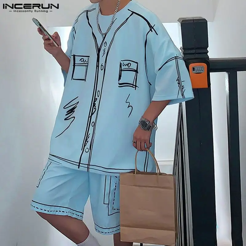 INCERUN 2024 Korean Style Mens Fashion Sets Medium Sleeved T-shirts Shorts Male Personality Graffiti Design Two-piece Sets S-5XL