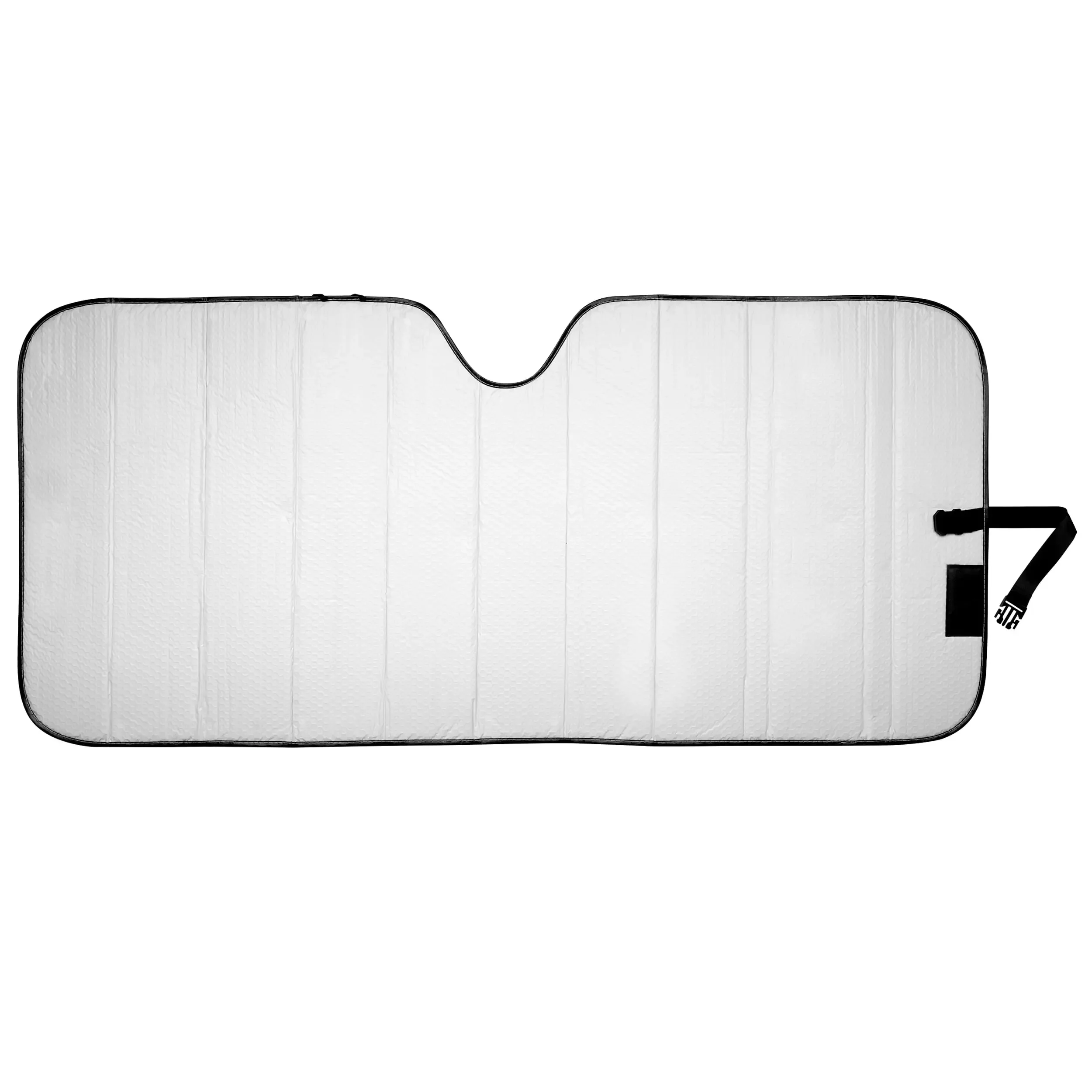 The white folding automatic sun visor with black trim effectively reduces the temperature inside the car.