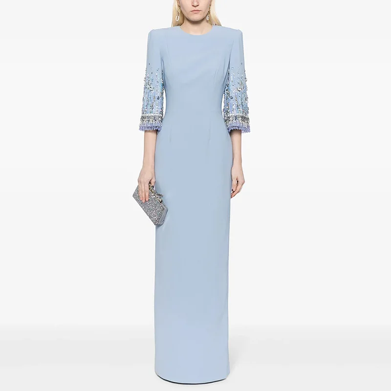

Hot Sale in Stock 2025New European and American Fashion Long Dress with Heavy Beading and Rhinestones Long Gown