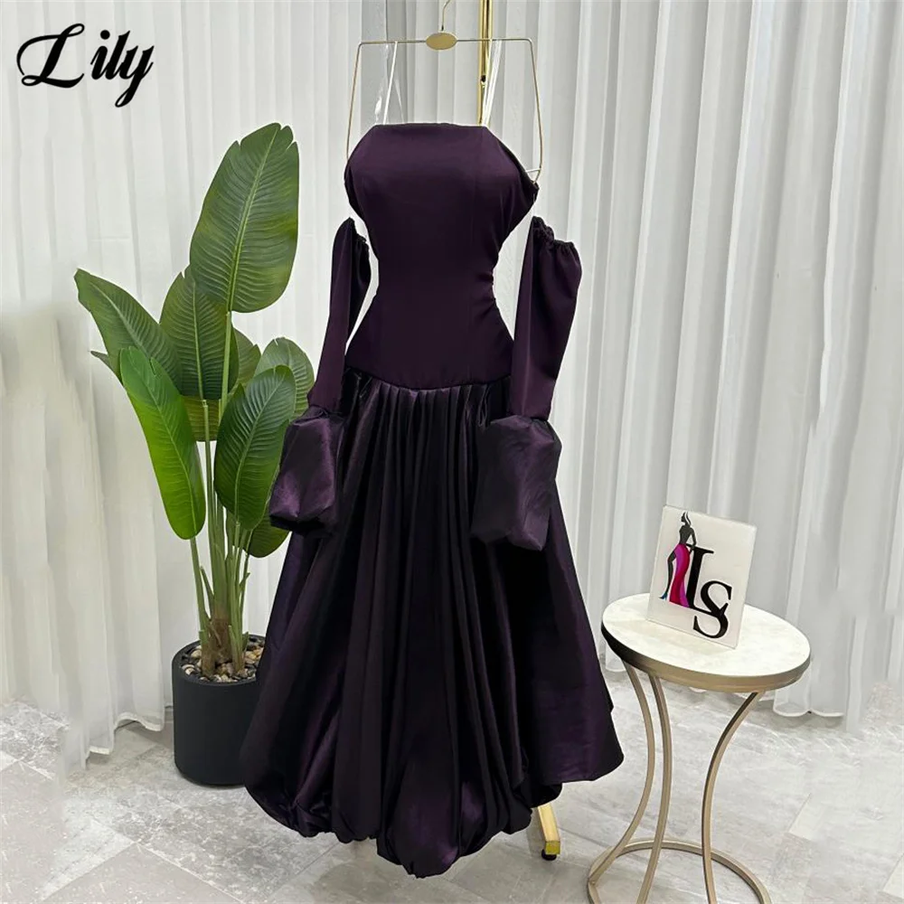 

Лилия Фиолетовый А-силуэт 프롬 드레 Платье для выпускного вечера без бретелек с пышными рукавами Вечернее платье Атласные вечерние платья для официального мероприятия по индивидуальному заказу