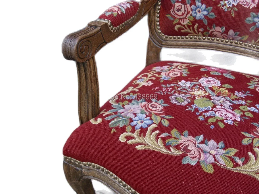 Free shipping  Antique Arm Chair Fauteuil Louis XV style Gobelin Tapestry Carved Wood Hobnails with needlepoint covers