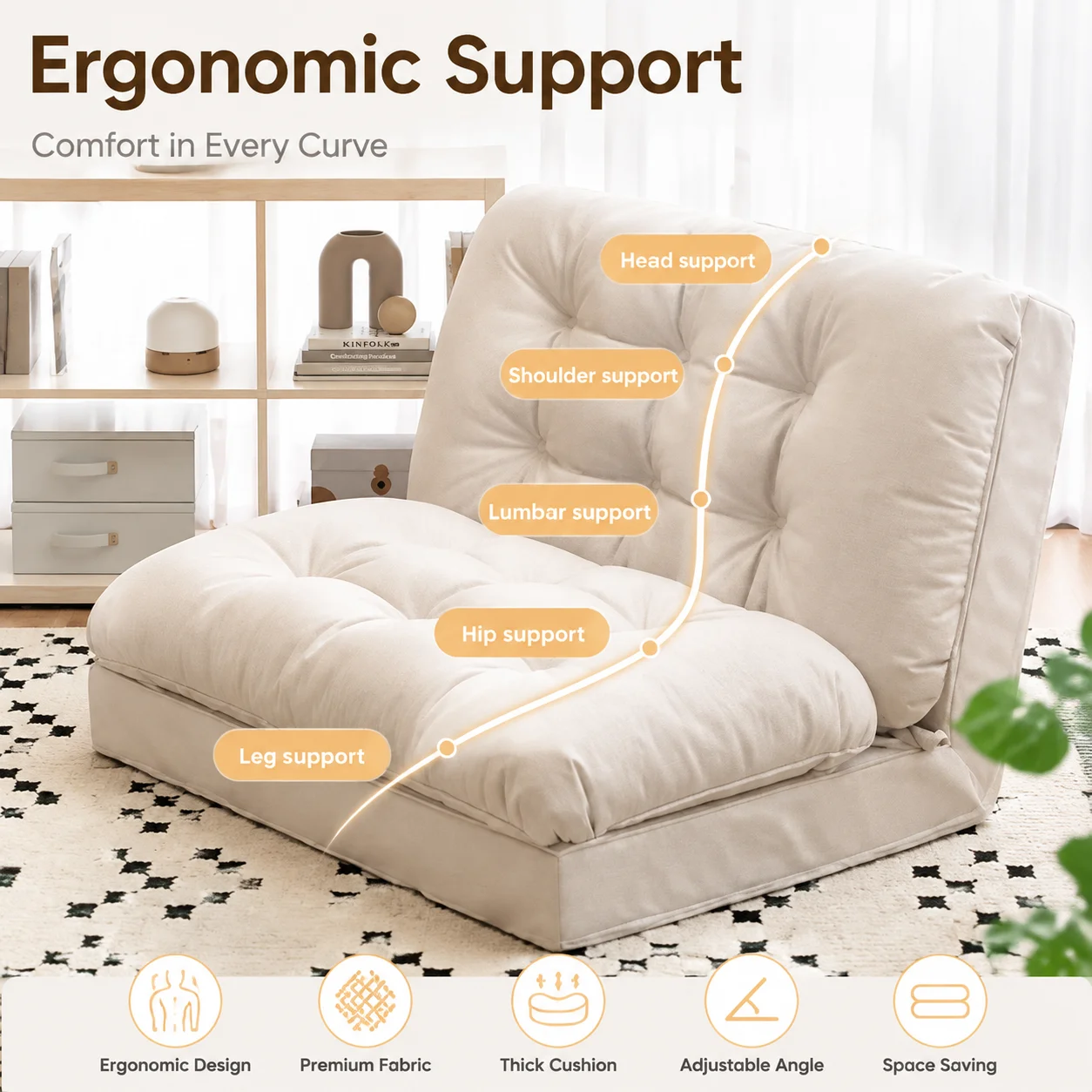 2-Seater Folding Floor Sofa Bed – Tatami-Style Convertible Lounge Chair with Backrest for Bedroom or Balcony
