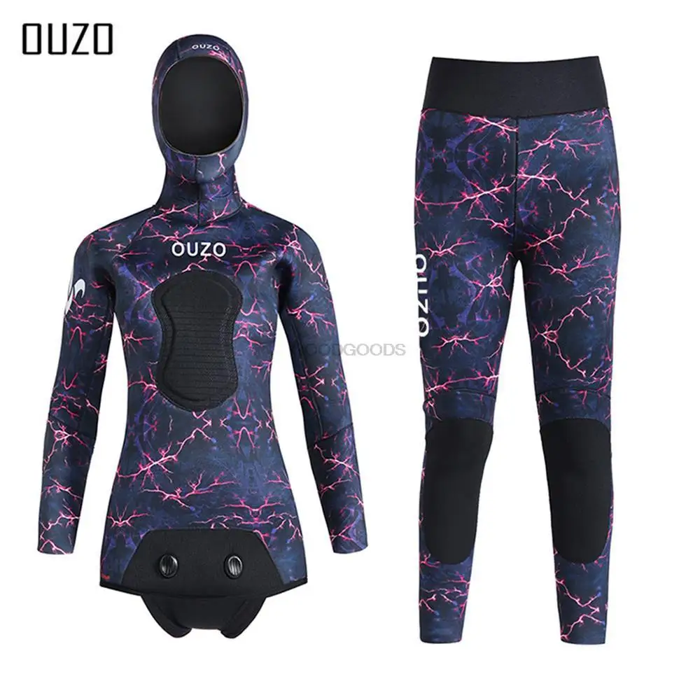 

3.5MM Neoprene Wetsuit Camouflage Women Long Sleeve Fission Hooded 2 Pieces Submersible Suit Keep Warm Waterproof Diving Suit