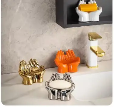 

Simple Palm Shape Ceramic Soap Dish Holder Storage Organizer Racks Home Solid Color Drain Soap Box Shelves Bathroom Accessories