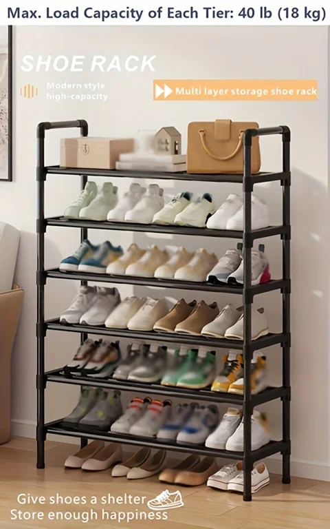 Mehrstöckiges Schuhregal aus Metall, stapelbarer Organizer, freistehend, schwarz, platzsparende Aufbewahrung für Schrank, Schlafzimmer, Innen- und Außenbereich – Detail 1