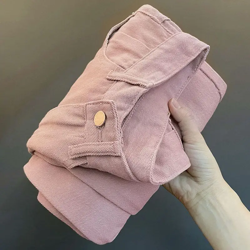 

Новые стильные свободные джинсы прямого кроя для миниатюрных женщин, розовые джинсы с эффектом потертости, высокой талией и драпировкой, модель 2024 года, широкие штанины, длина в пол.