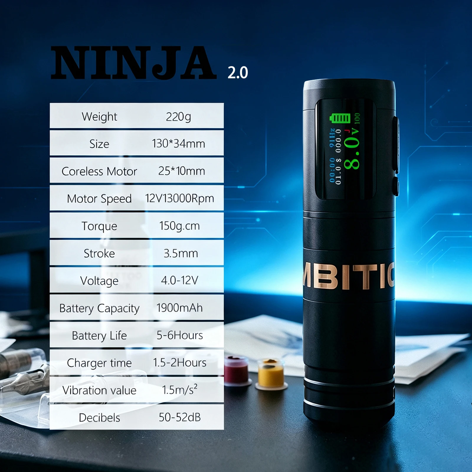 Ambition Ninja 2.0 2024 Wireless Tattoo Machine Pen Latest Bent Rod 3.5mm Stroke Billing Battery Coreless Motor Tattoo Art
