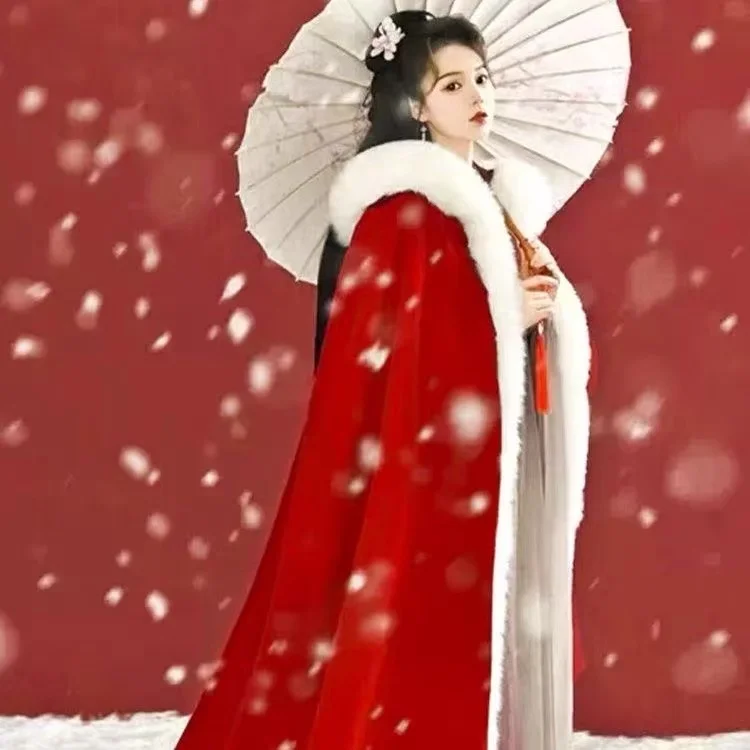 Vintage Red Plush Cloak Men Women Traditional Chinese Long Robe Autumn Winter Thicken Outer Cape New Year Cloak