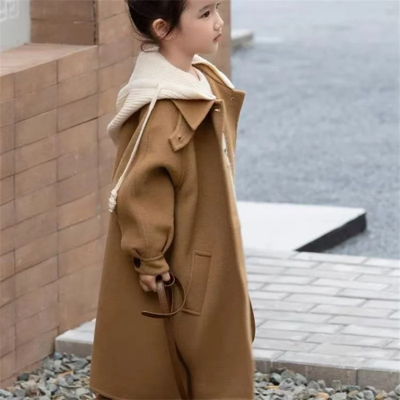 Kids Tweed Jacket Girls Warm Overcoat Autumn Medium-Length Coat Spring Hooded Windbreaker New Casual Single-Breasted Clothing