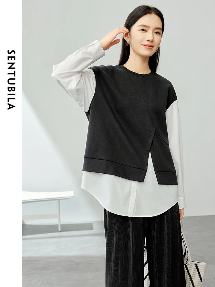 SENTUBILA 2 in 1 Oversized Sweatshirt Women Contrast Patchwork Long Sleeve Tops 2024 Spring Round Neck Female Pullover 141A53791