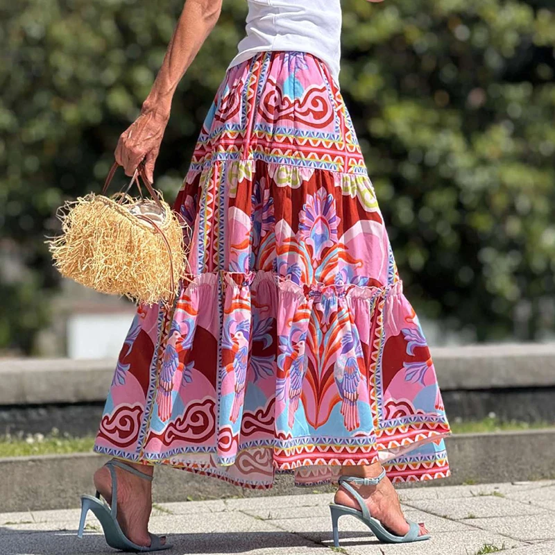 Vintage Pattern Print Loose Fit Half Skirt High Street Pleated Hem Women's Long Skirt 2026 New Summer Elastic Waist Beach Skirt