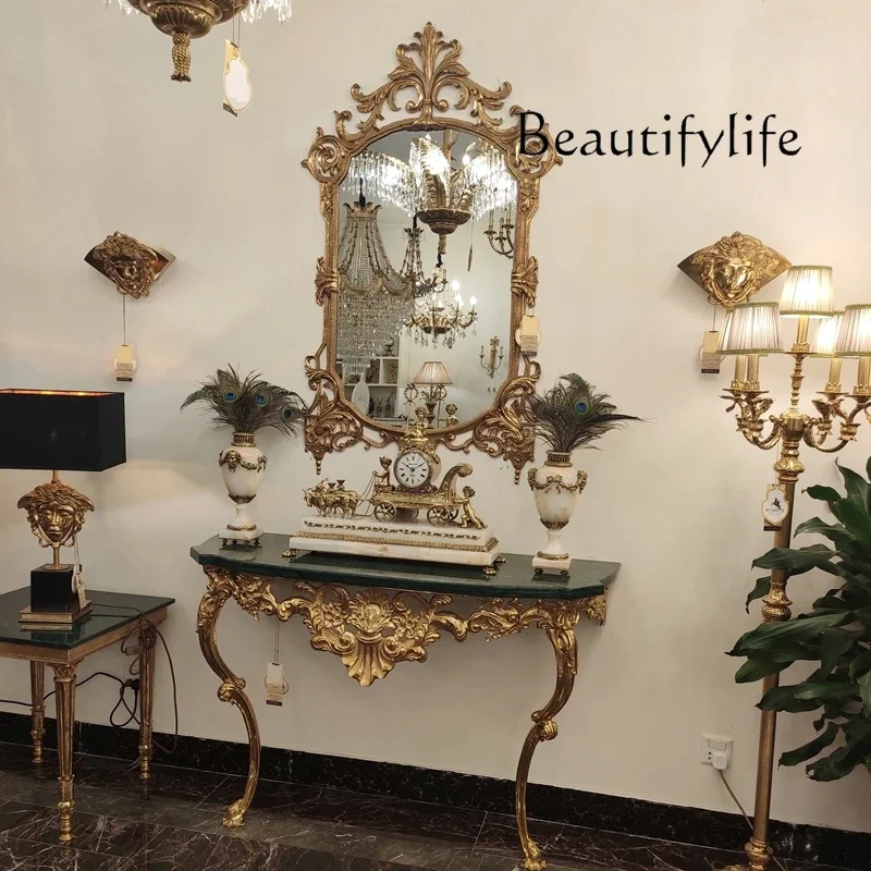O10 Baroque Retro European Italian All-copper Entrance Table, Black And White Root Marble Entrance Table