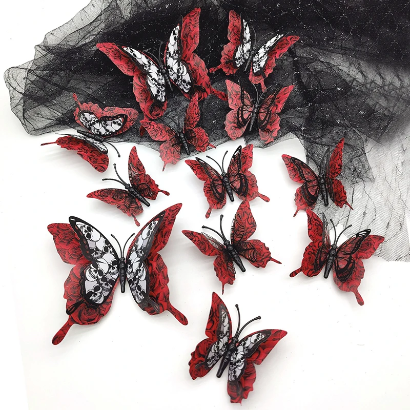 Pegatinas de pared de doble capa para Halloween, papel tapiz autoadhesivo de PVC, 12 piezas, rosa de sangre, mariposa 3D, decoración de fiesta