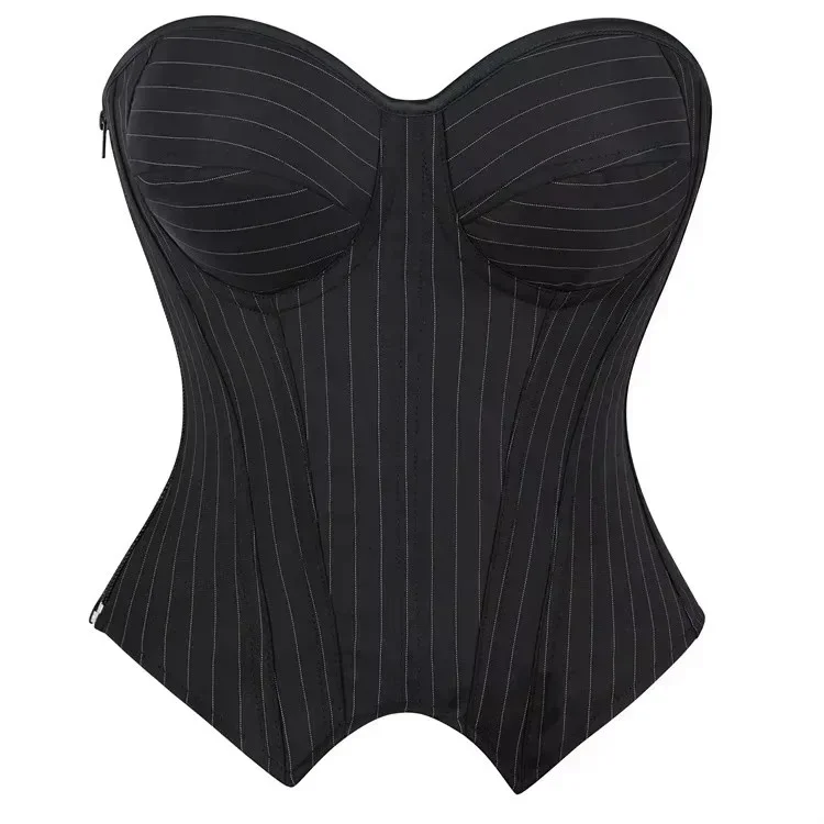 

Women Overbust Black Corset Top Bustier Striped Zipper Shapewear Office Lady Sexy Strapless Lace Up Corselet