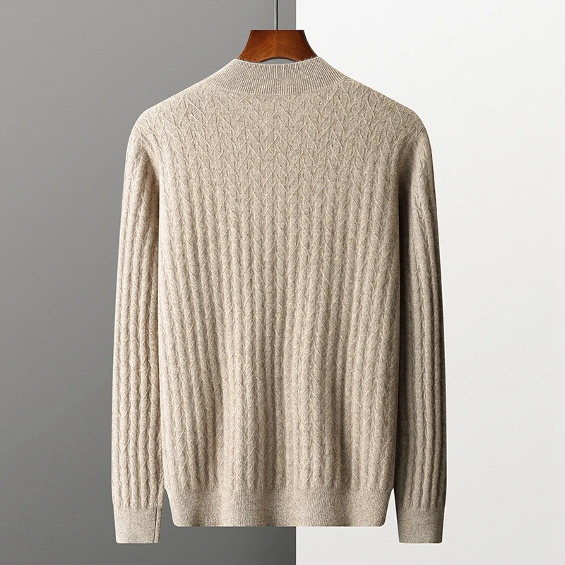 Autumn Winter New 100% Cashmere Sweater Men's Half High Neck Pullover Top Slim Fit Long Sleeve Warm Knitted Herringbone Sweater