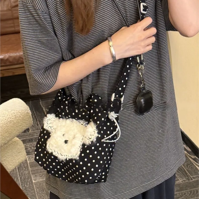 Korean Cute Black Polka Dot Puppy Crossbody Bag Women Cartoon Canvas Handbag Ladies Harajuku Sweet Large Capacity Shoulder Bags