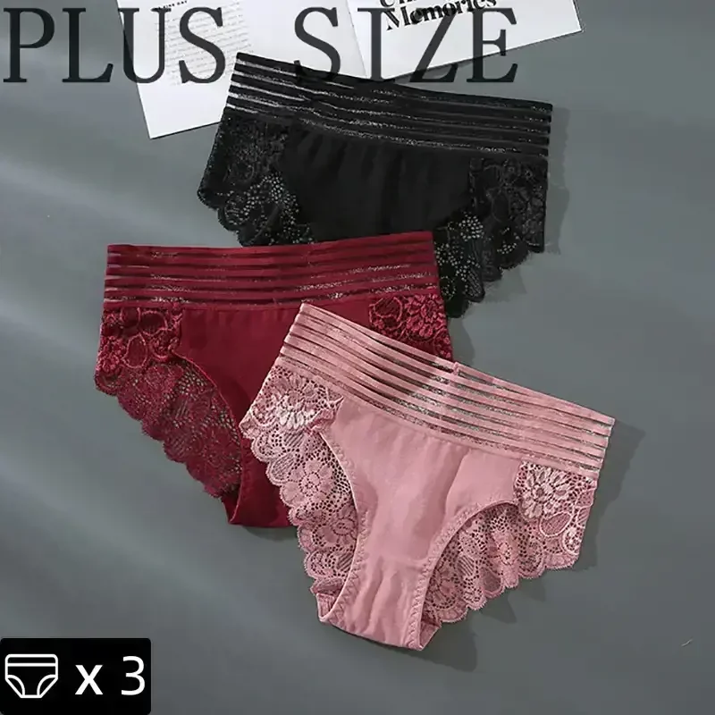 Bragas de encaje Floral de talla grande para mujer, ropa interior transparente, lencería Sexy, bragas sin costuras, bragas íntimas femeninas de cintura baja, 3/6 piezas
