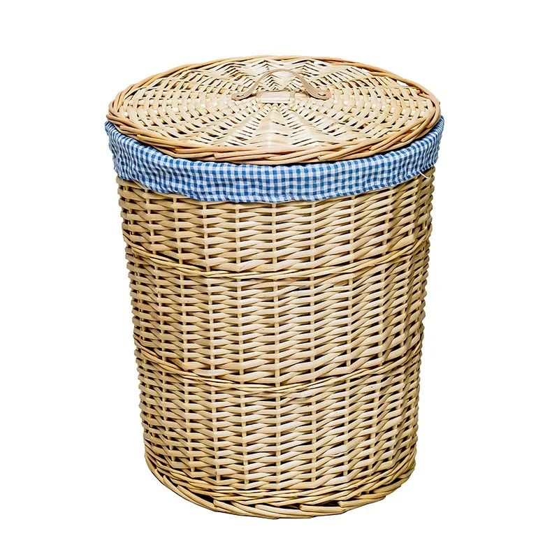 Round Hand Woven Willow Laundry Hamper With Lid Blue White Gingham Cotton Lining Dirty Clothes Basket