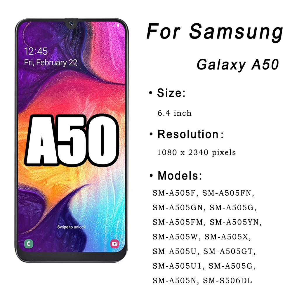 AMOLED Display For Samsung Galaxy A50 LCD Display Touch Screen Digitizer With Frame for Samsung A505 A505FN/DS A505F/DS A50 LCD