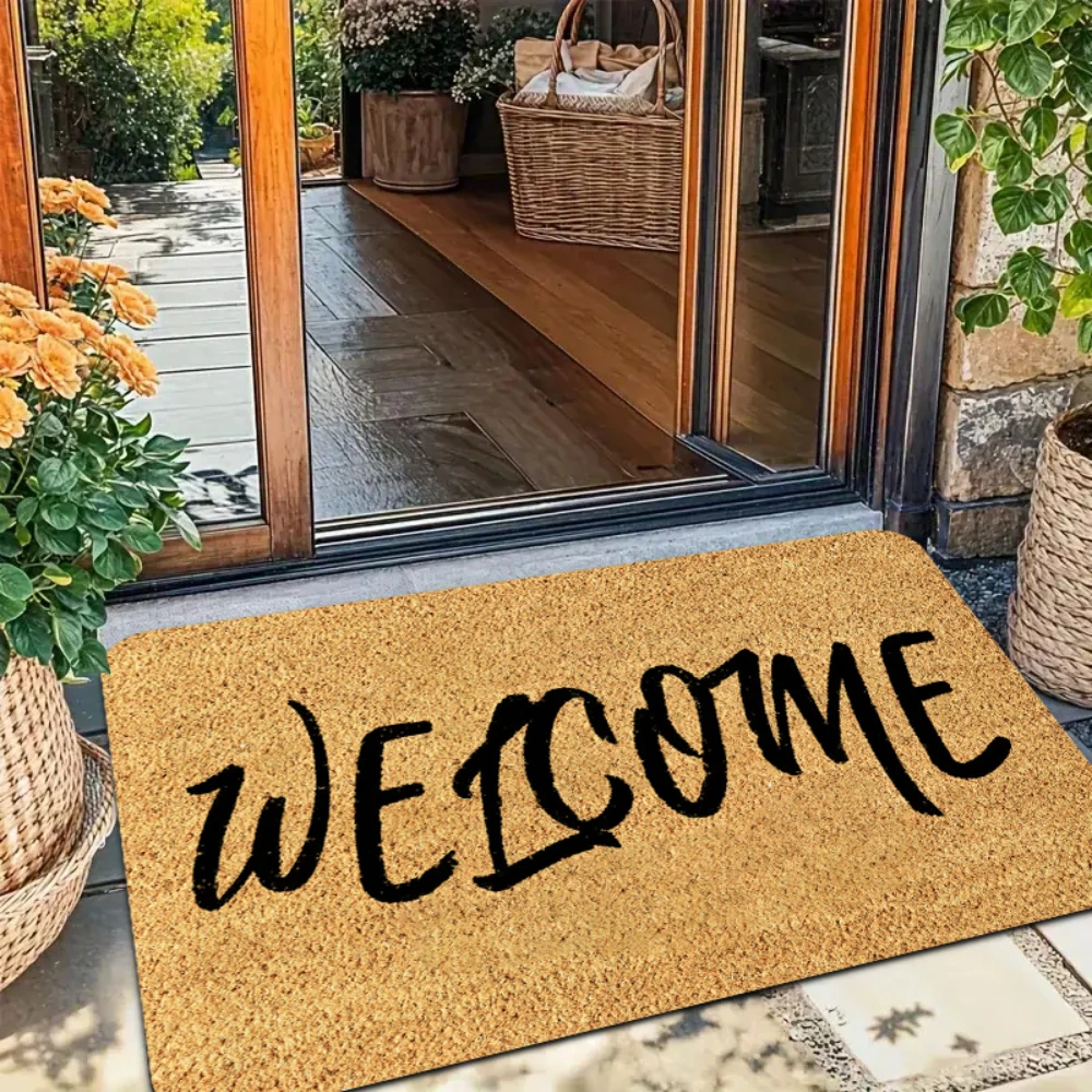 Assorted Welcome hello Text Script Print Welcome Doormat Floor Rug Front Porch Indoor Foyer Balcony Entry Non‑Slip Floor Rug