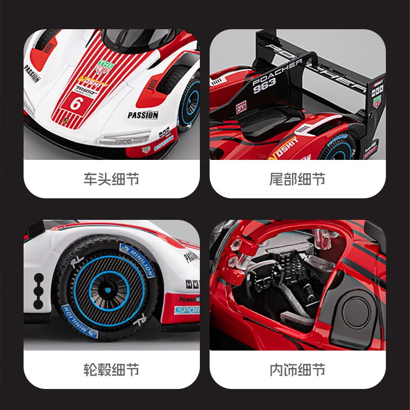 1:22 Porsche 963 legering racewagenmodel met pull-back actie, geluids- en lichteffecten - verzamelspeelgoed voor jongens, perfect cadeau