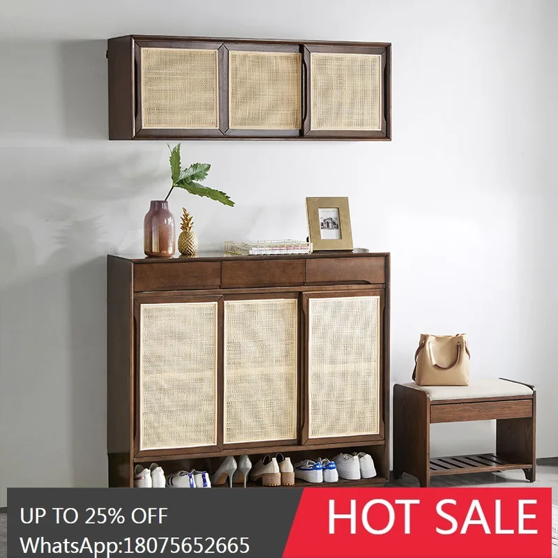

MJY Solid Wood Rattan Shoe Cabinet Nordic Home Entrance Japanese Rattan Storage Cabinet
