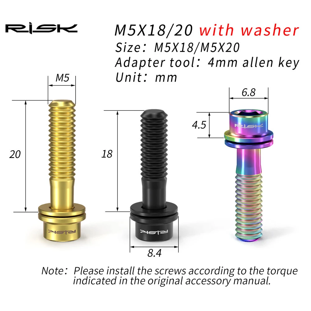 6pcs/bag RISK Bike Stem Bolts Screws Titanium Alloy M5x20 M5x18 with Spacers Washers Hex Socket Head For Road MTB BMX Bicycle