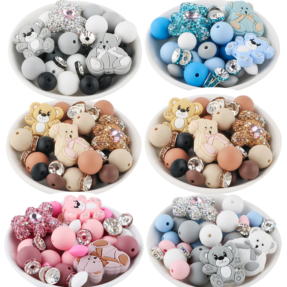 1 Set Shamballa Bear Beads Silicone Focal Bead Combination DIY Pendant Keyring Bracelet Keychain Jewelry Accessories