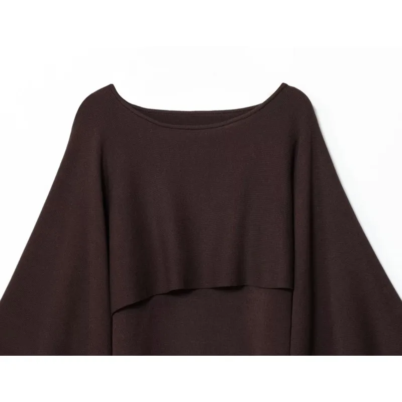 レディースニットケープトップ、秋用ルーズボートネック無地ニットセーター、ロングケープスリーブプルオーバー、女性用Y2Kオーバーサイズクロップトップ