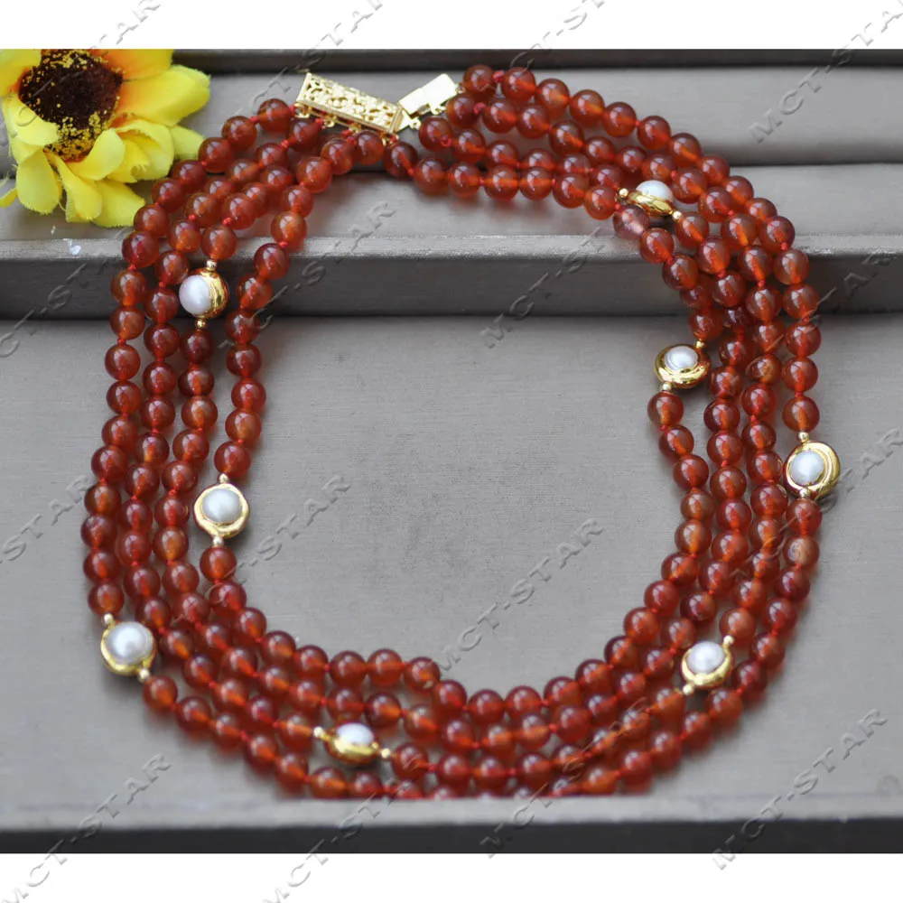 MTC·STAR 4Row 20'' 12mm Natural Red Round Agate Gold plating White Round Pearl Necklace (Z14589)