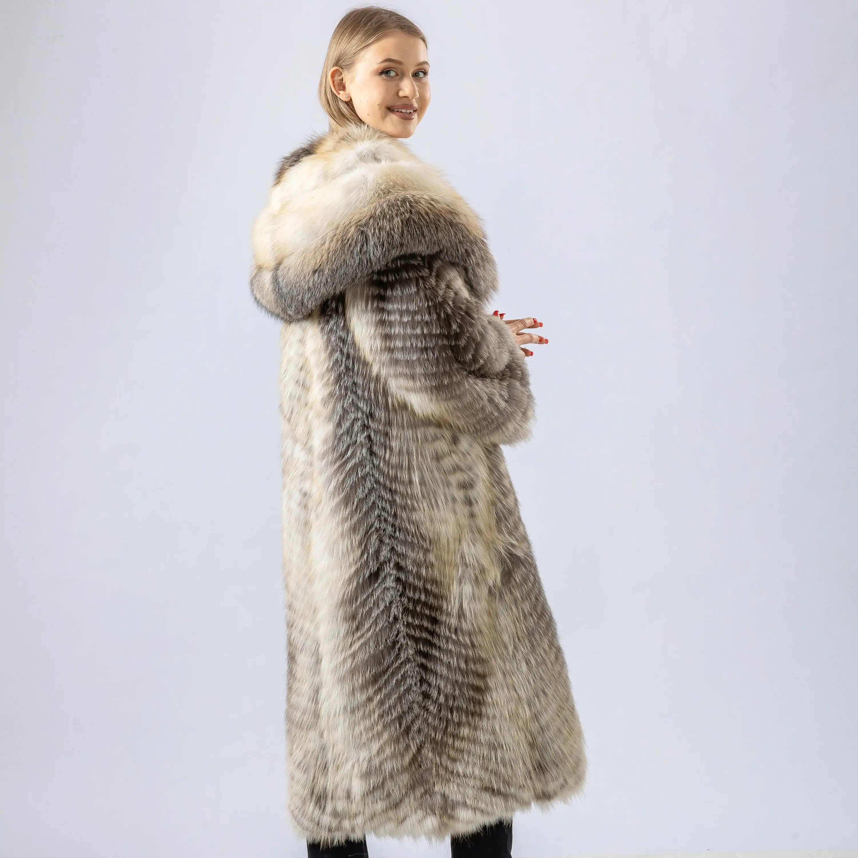 Cappotto lungo in vera pelliccia di volpe con grande lunghezza rovesciata 120 cm 250466