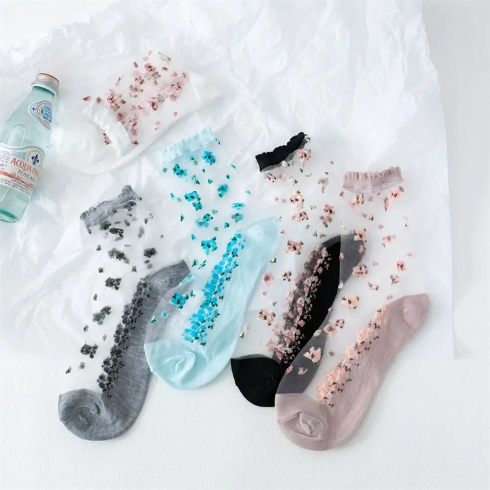 InjLastic-Chaussettes respirantes en verre de cristal, chaussettes courtes en dentelle Jacquard, chaussettes transparentes, haute qualité