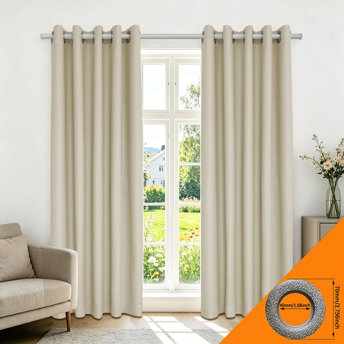 Beige Solid High‑Density Blackout Curtain, Grommet Top, Privacy Window Curtain for Bedroom Living Room, 2 Panels