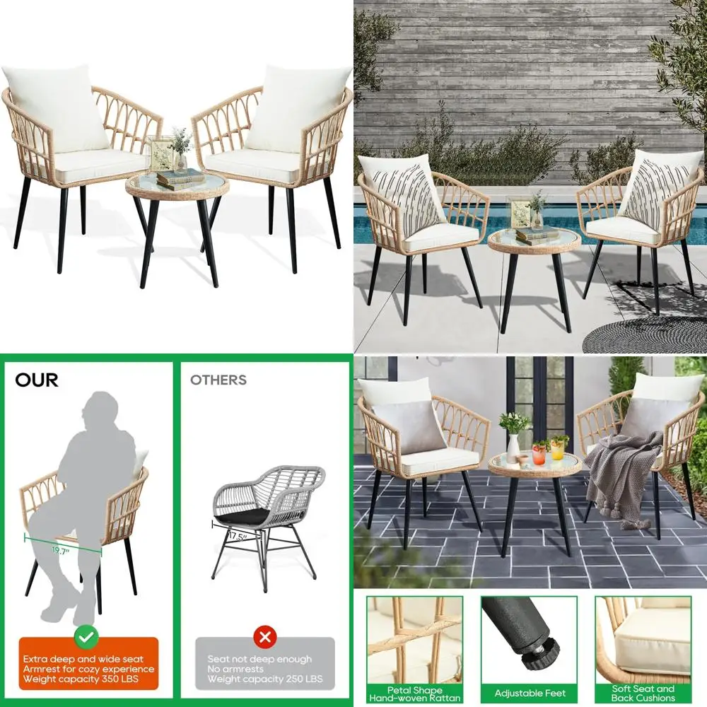 

Outdoor Wicker 3-Piece Patio Bistro Set for Balcony, Rattan Table and 2 Chairs for Porch or Backyard