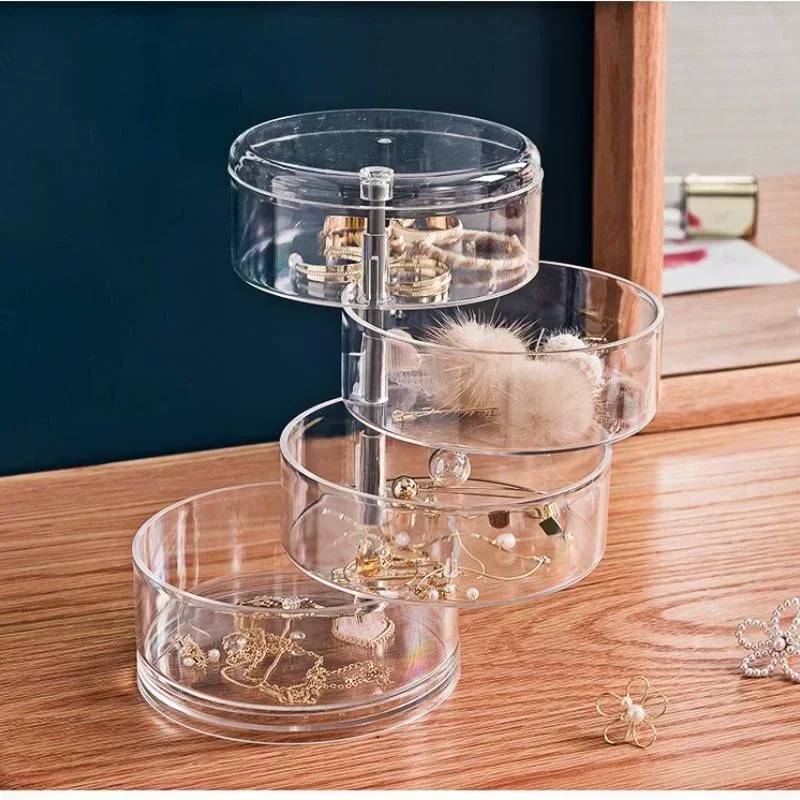 3/4/5layers Rotating Jewelry Storage Box Round Plastic Organizer For Bracelets Earrings Makeup Display Rack With Cover