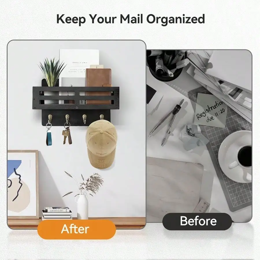 10-дюймовая черная стойка для ключей в деревенском стиле. Настенный 4-крючок, декоративный органайзер для ключей, почты и солнцезащитных очков.