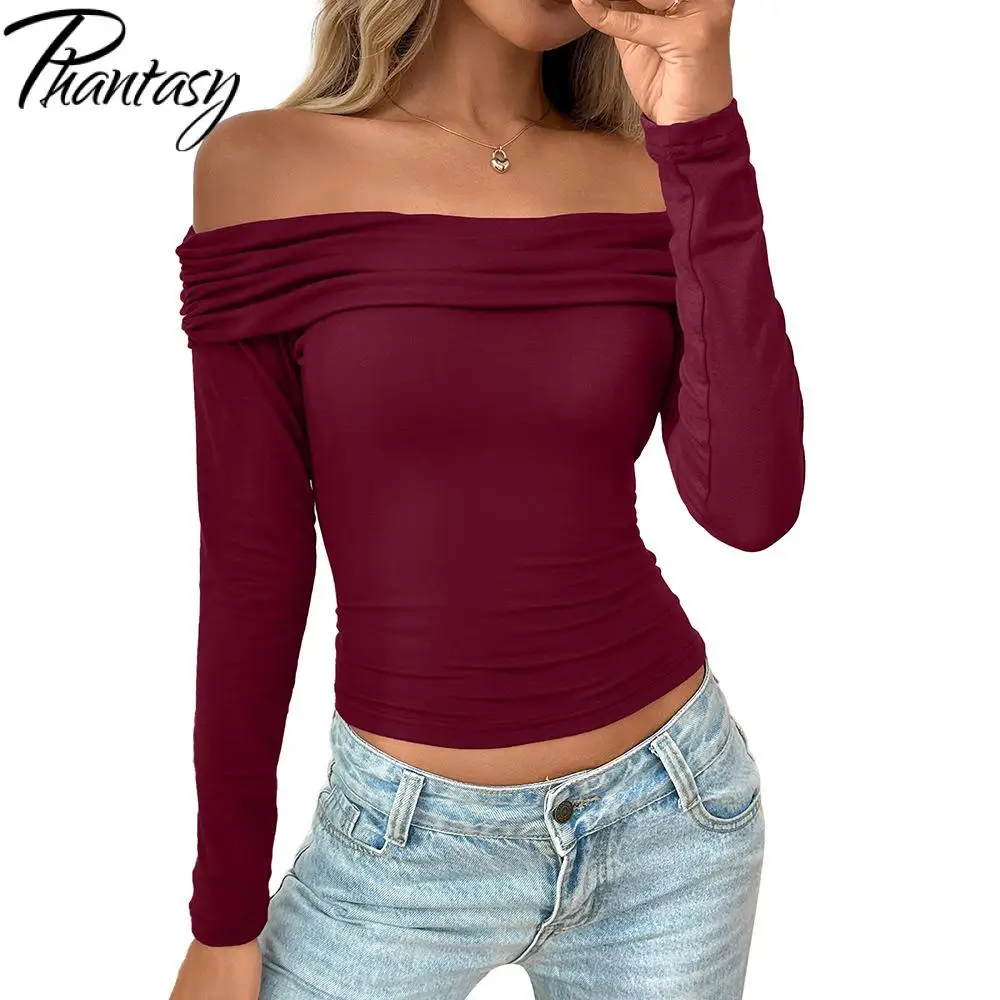 Phantasy Damska Bluzka Y2K z Plisowanymi Ramionami, Długim Rękawem, Seksowna, Hot Girl, Asymetryczna, Prosta, Luźna, Casualowa, Styl Lato 2025 ﻿