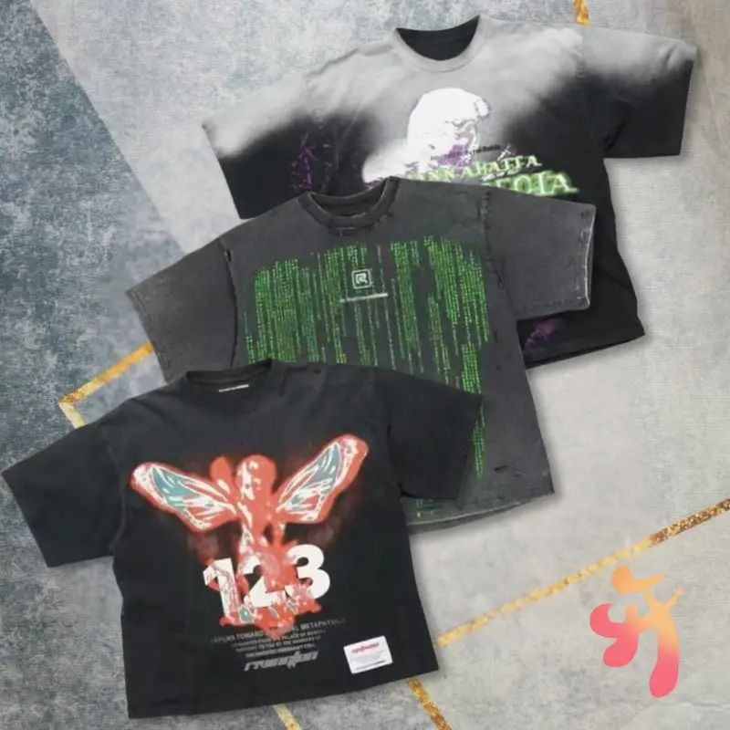 Real Photo Cotton RRR123 Tshirts Red Magma Pattern Green Vertically Arranged Digital Print Washed Worn Short Sleeve Men Women