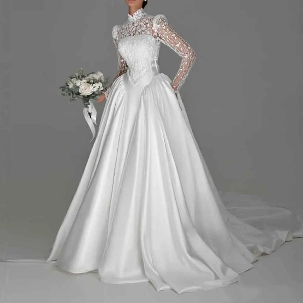 Customized Retro Basque Wedding Dress for Bride High Collar Lace Sleeves vestidos de novia Bead Satin Church Bridal Gowns